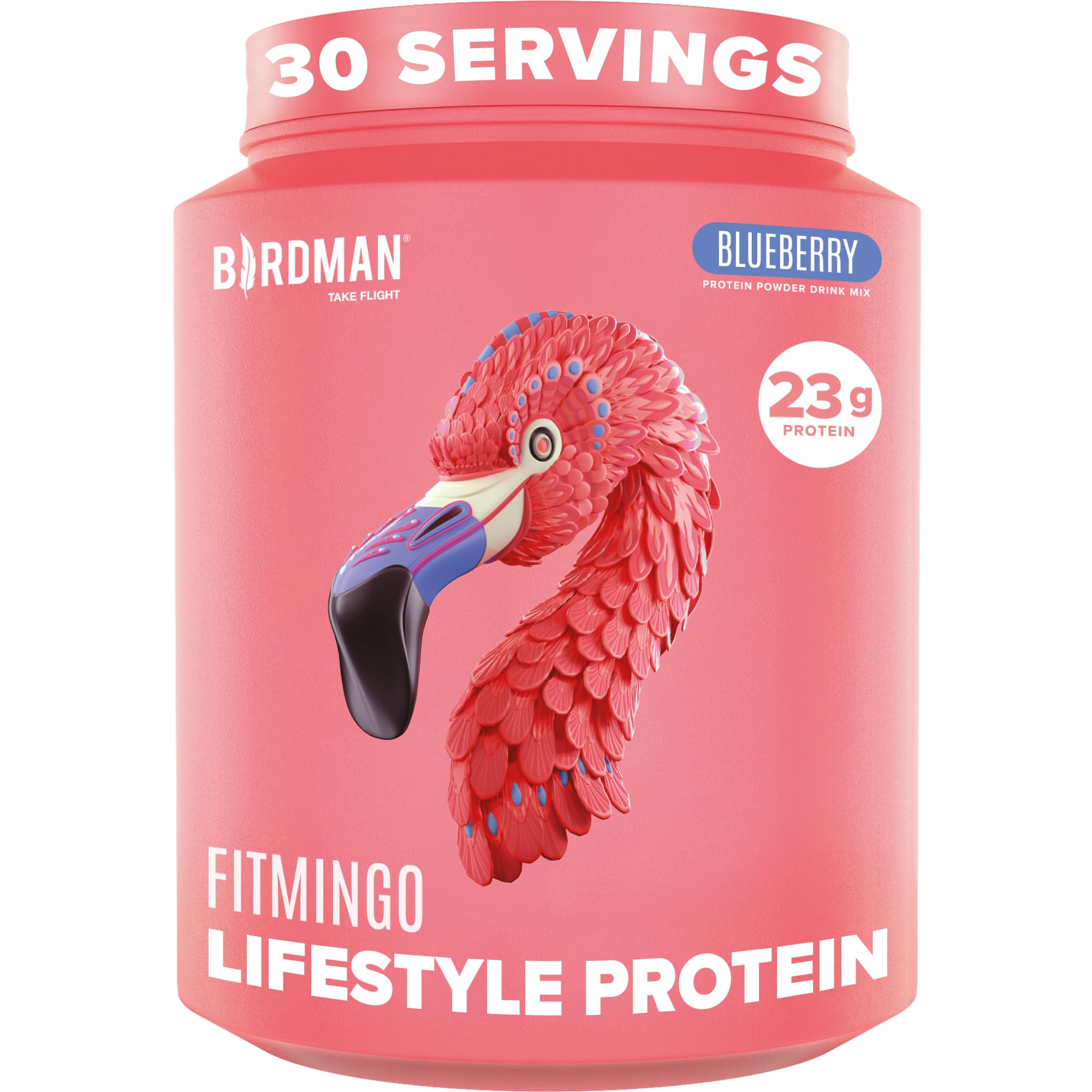 BIRDMAN Fitmingo blueberry protein powder packshot highlighting plant-based protein for recovery.