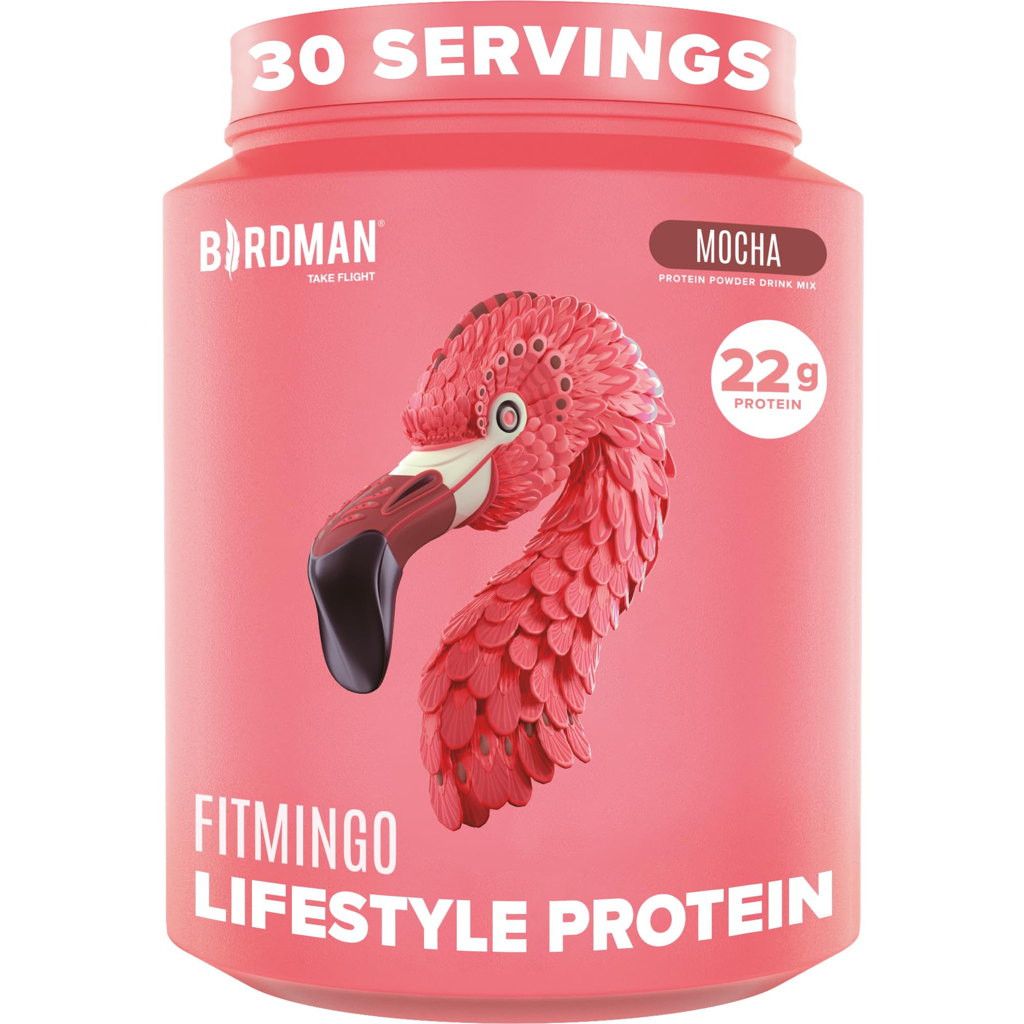 Birdman Fitmingo blueberry protein powder tub for plant-based fuel after workouts.