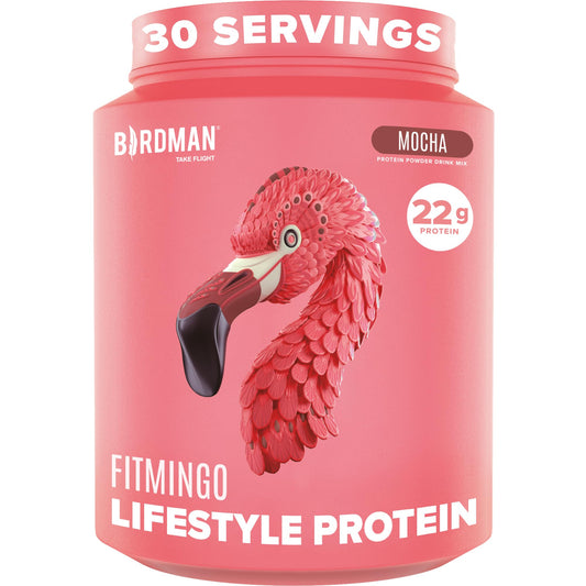 Birdman Fitmingo blueberry protein powder tub for plant-based fuel after workouts.