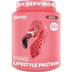 Birdman Fitmingo blueberry protein powder tub for plant-based fuel after workouts.