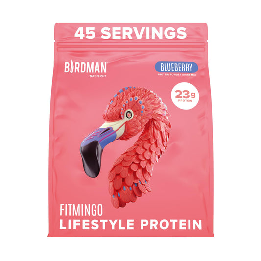 Birdman Fitmingo blueberry protein tub front view for plant-based nutrition