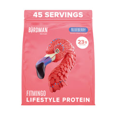 Birdman Fitmingo blueberry protein tub front view for plant-based nutrition