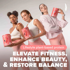 Back label highlights plant-based protein and a gum-free formula.