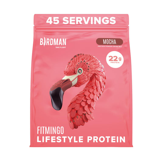 BIRDMAN Fitmingo tub front shows the vegan mocha protein powder in a sleek container for everyday fueling.