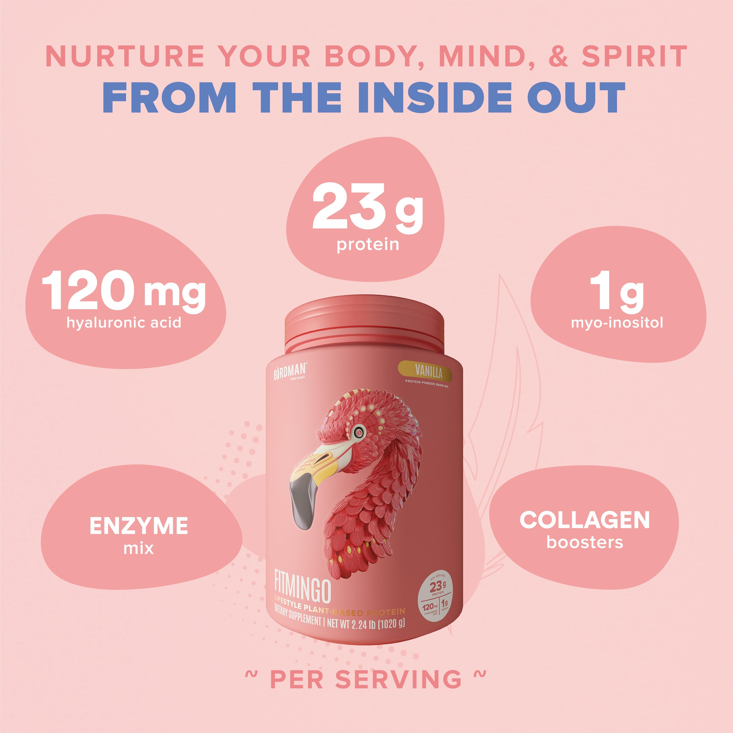 Birdman Fitmingo vanilla powder in glass demonstrates smooth, dairy-free nutrition.