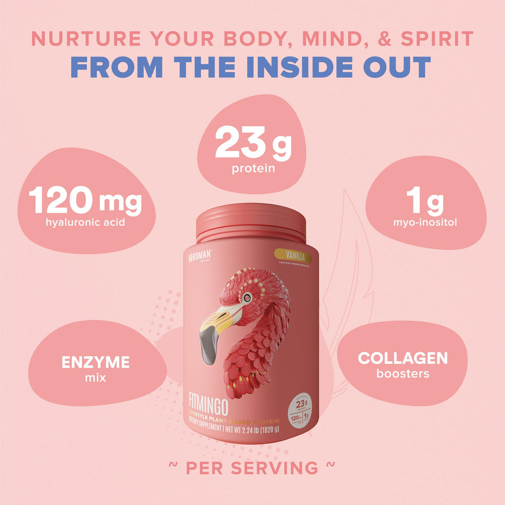 Birdman Fitmingo vanilla powder in glass demonstrates smooth, dairy-free nutrition.