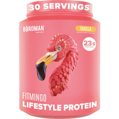 Birdman Fitmingo vanilla protein bottle highlights plant-based protein for workouts.
