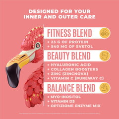 Birdman Fitmingo vanilla protein scoop shows measured servings for daily intake.