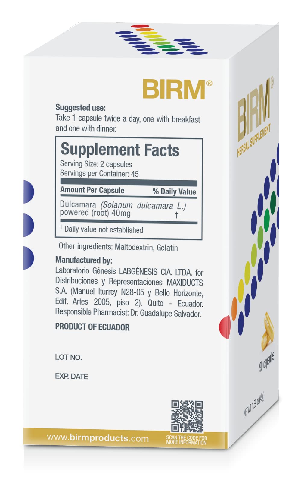 BIRM bottle label close-up highlighting Dulcamara root extract.