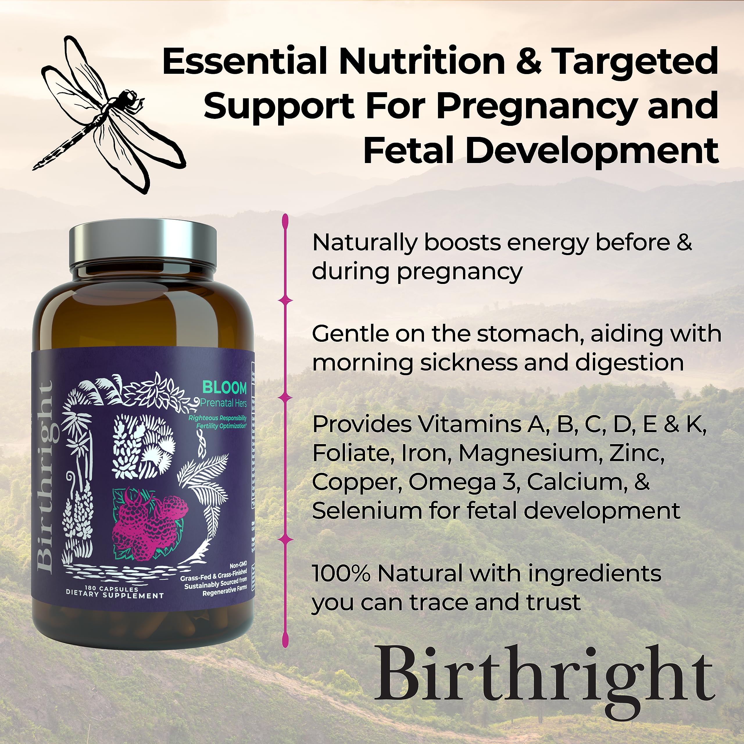 Birthright Bloom Prenatal glass bottle conveys clean, plastic-free packaging