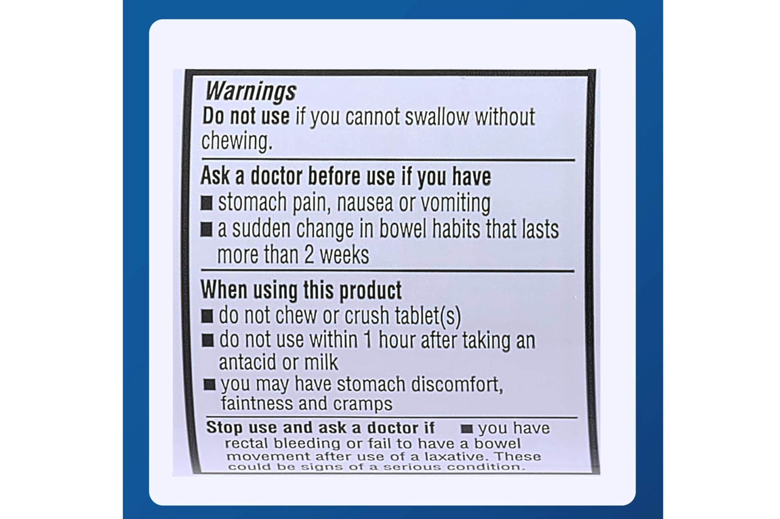 Bisacodyl tablets 5 mg dosage instruction close-up showing usage guidelines