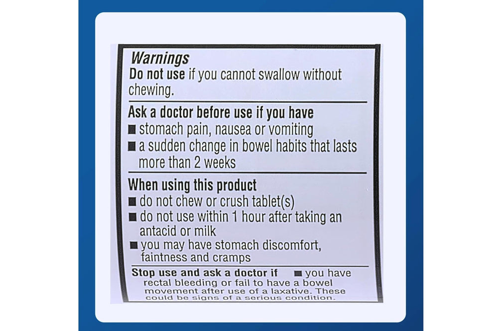Bisacodyl tablets 5 mg dosage instruction close-up showing usage guidelines