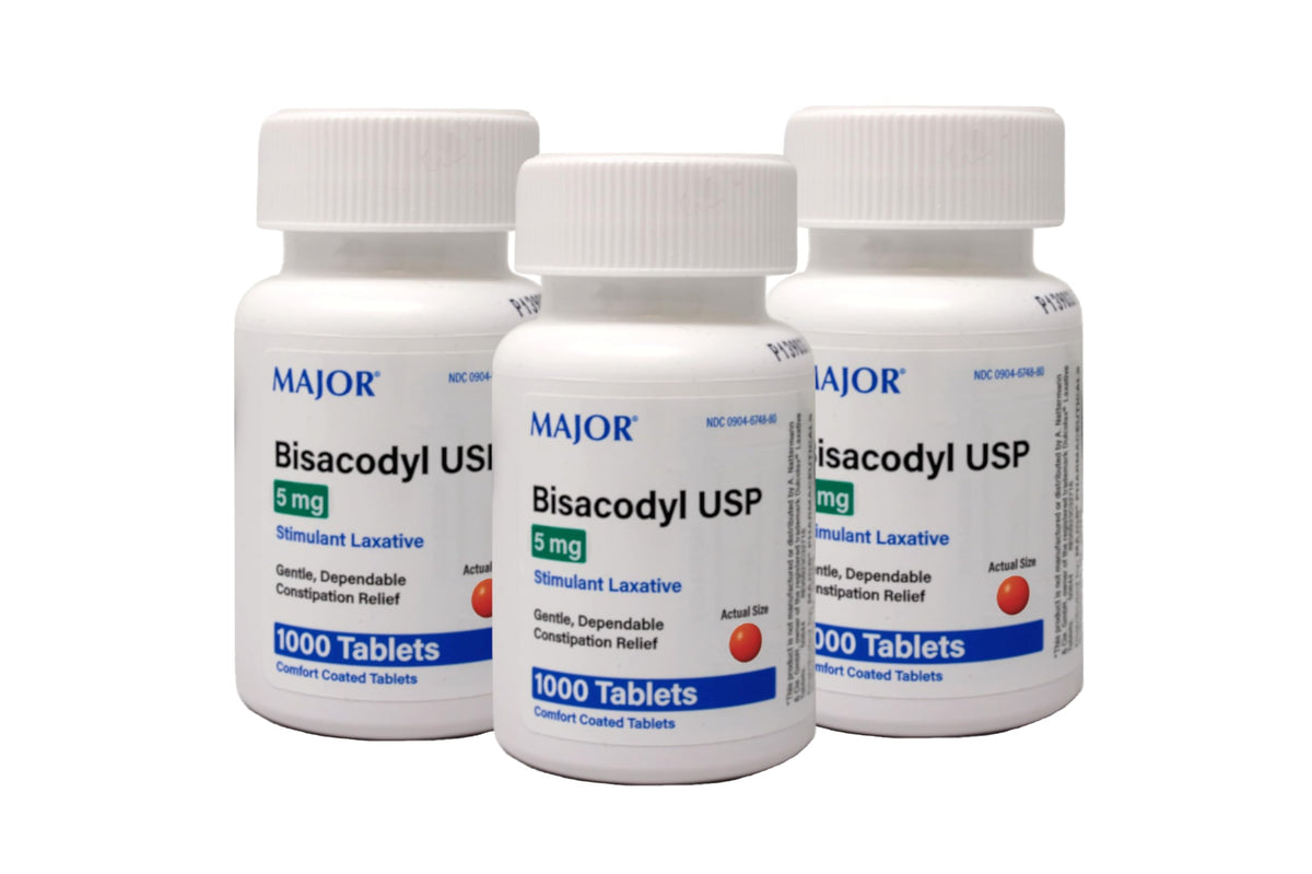 Bisacodyl tablets 5 mg packaging front shows three-pack for occasional constipation relief