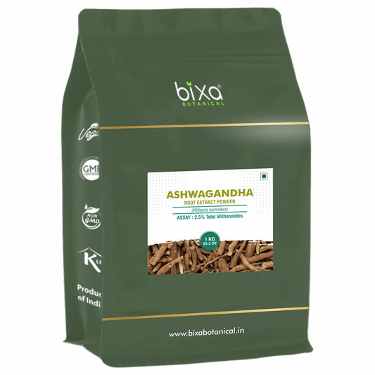 bixa BOTANICAL Ashwagandha dry extract bottle on wood, immune wellness potential