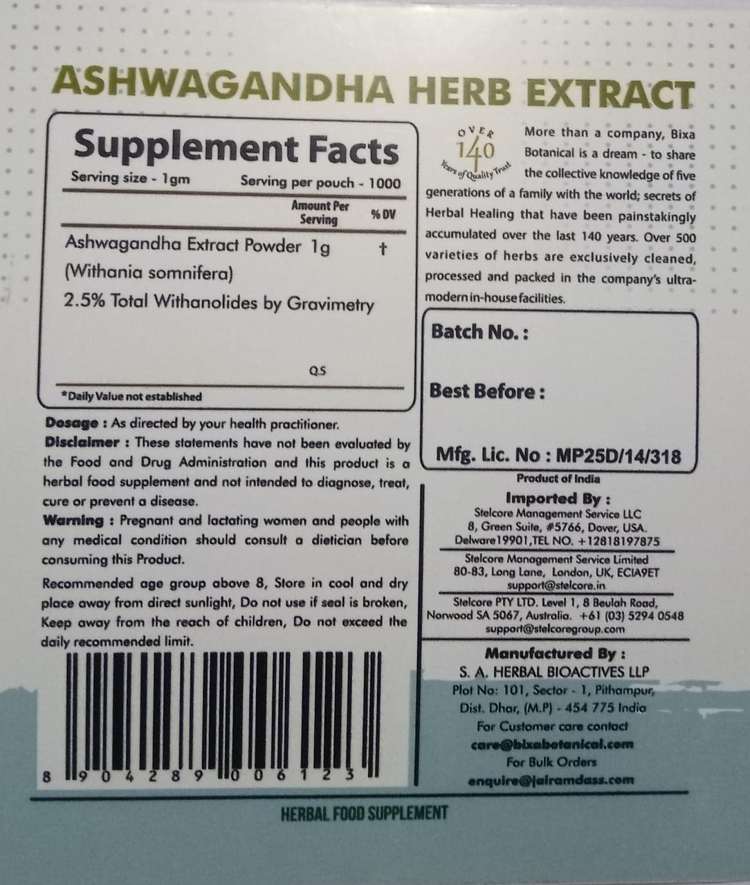 bixa BOTANICAL Ashwagandha dry extract powder ready for daily smoothies.