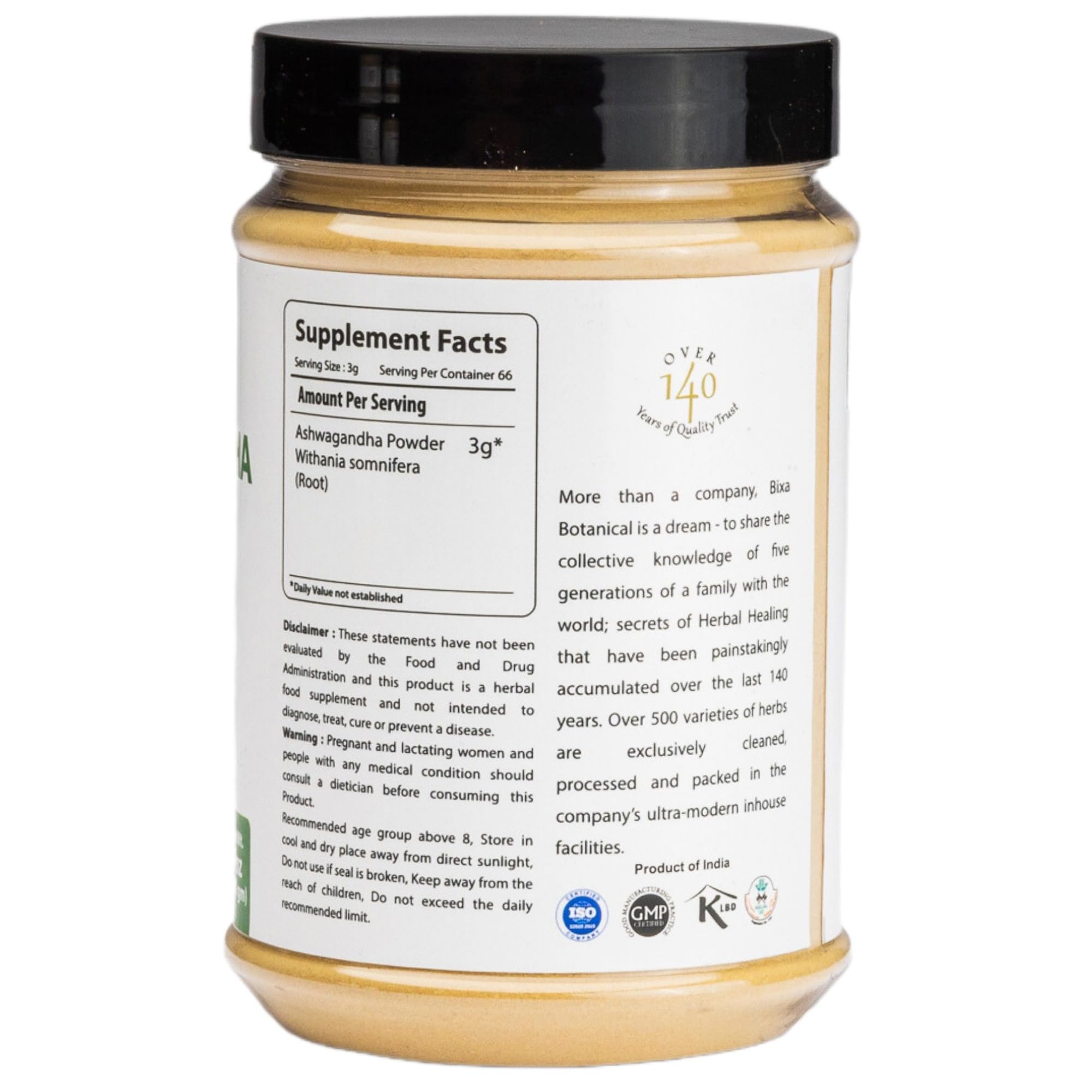 Open pack of Bixa Botanical Ashwagandha root powder ready for use