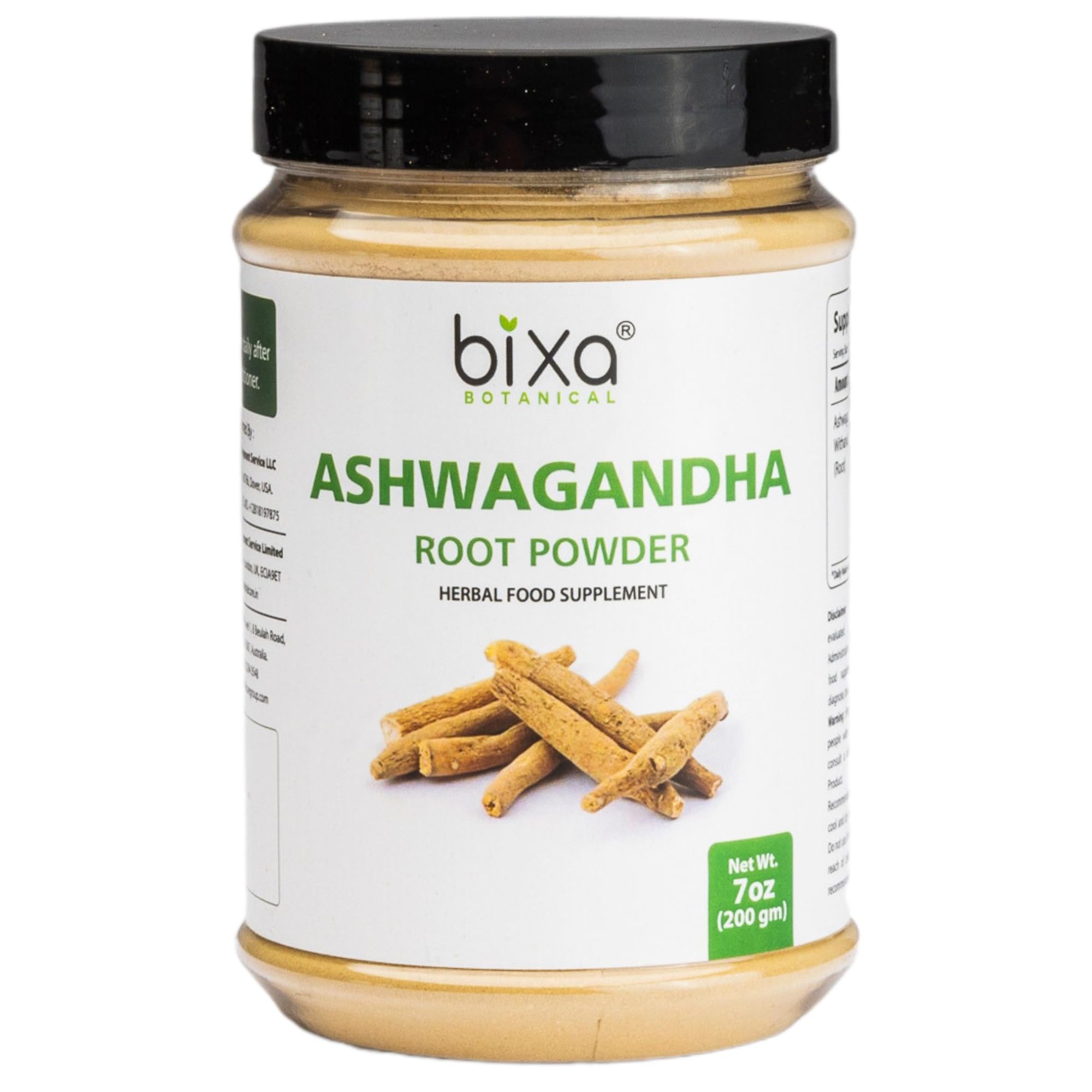 Bixa Botanical Ashwagandha root powder packshot showing premium, lab-tested herbal supplement for energy