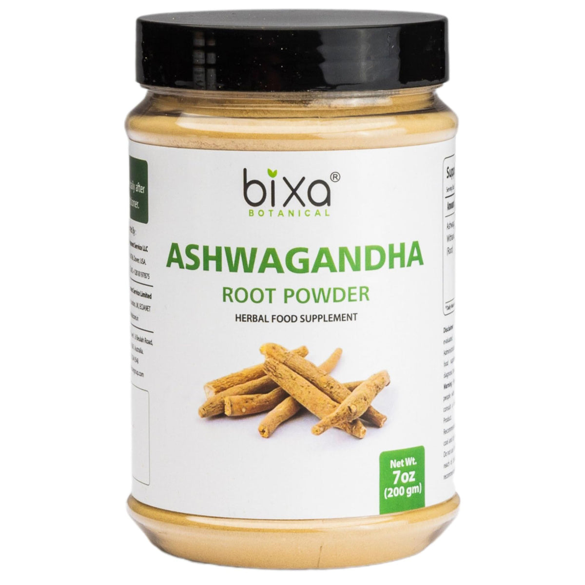 Bixa Botanical Ashwagandha root powder packshot showing premium, lab-tested herbal supplement for energy