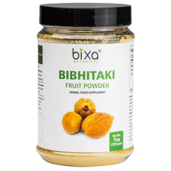 Bixa Botanical Bibhitaki powder bottle front shows pure Ayurvedic herb for daily wellness.