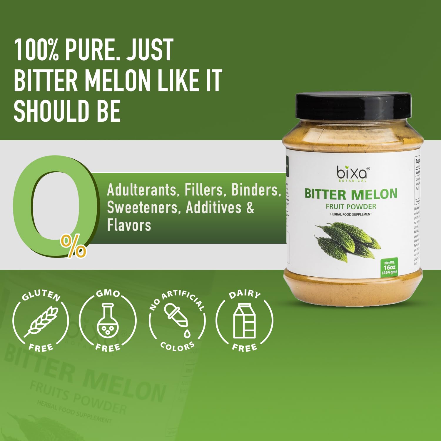 Bixa Botanical Bitter Melon Powder jar stacked for pantry ready use.