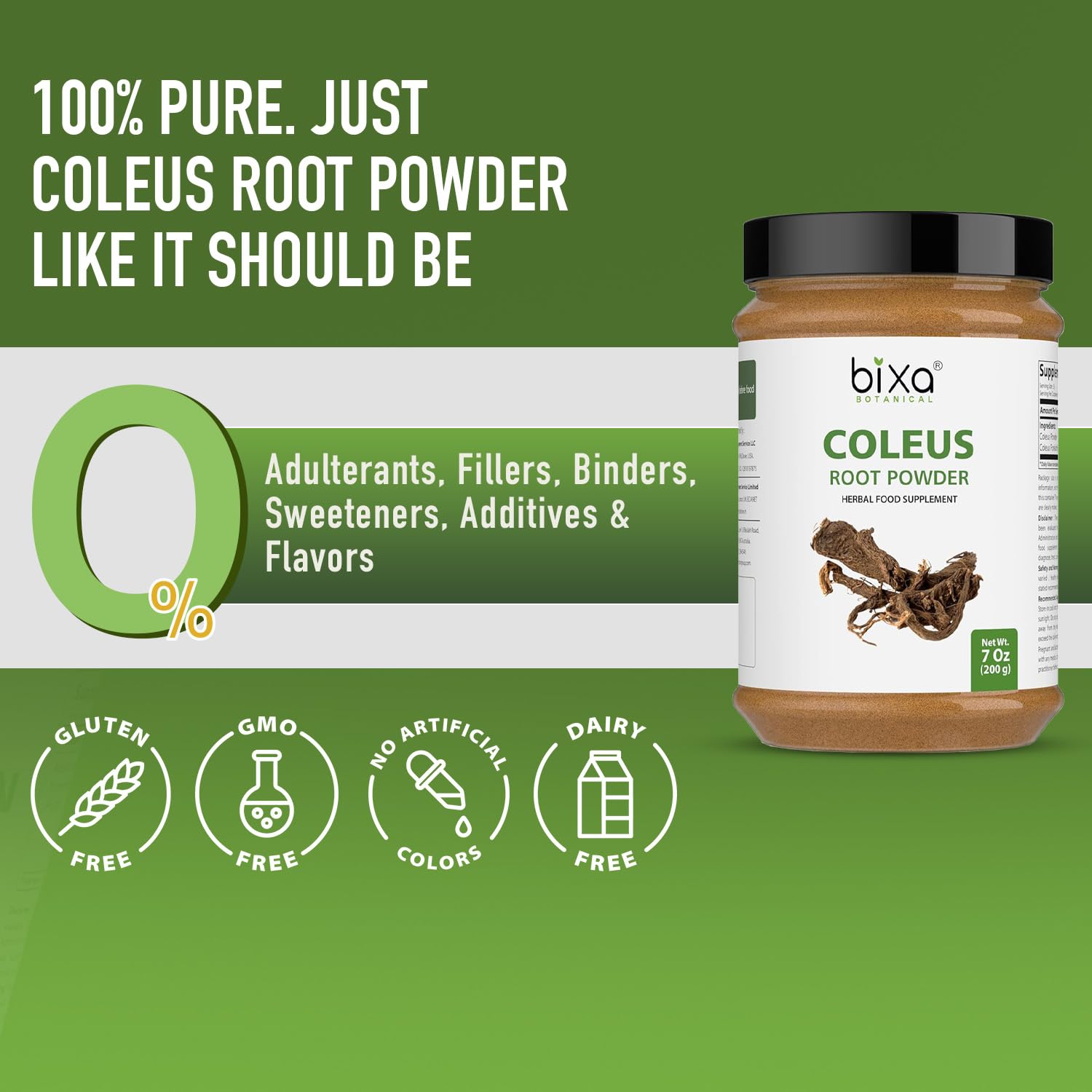 Bixa Botanical Coleus Forskohlii root powder bottle on a shelf.