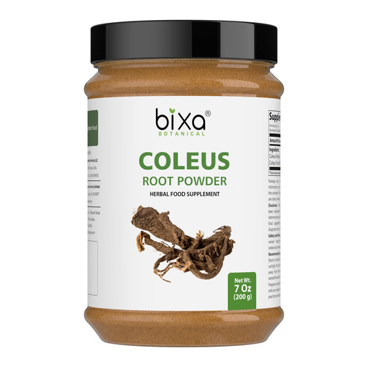Bixa Botanical Coleus Forskohlii root powder jar for convenient kitchen use.