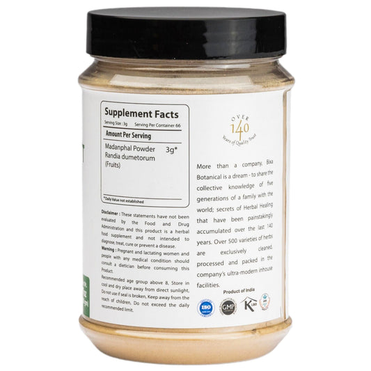 bixa BOTANICAL emetic nut powder bottle close-up emphasizes pure, lab-tested quality.