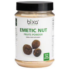 bixa BOTANICAL emetic nut powder packaging highlights vegan, non-GMO formulation for mindful wellness.