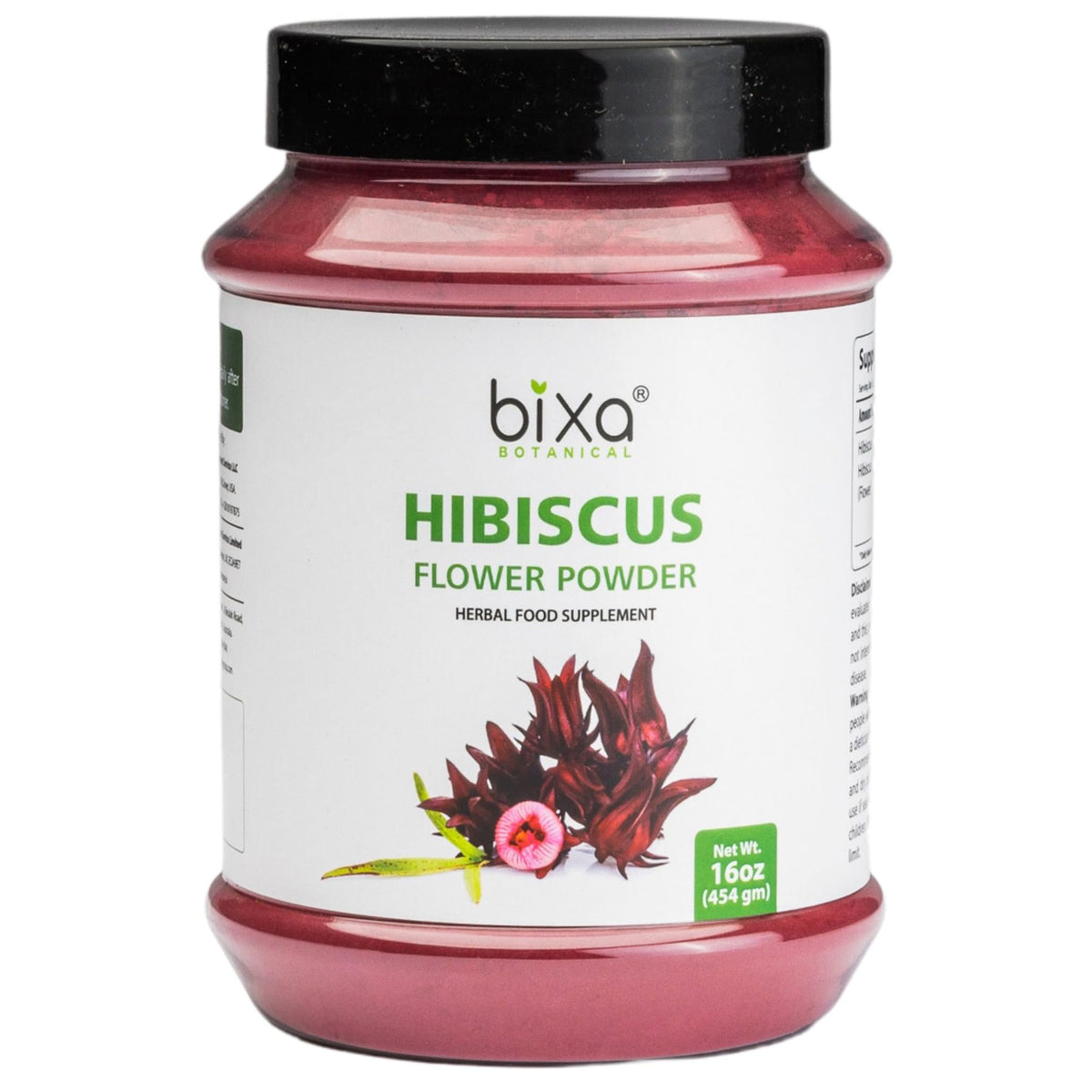 Bixa Botanical Hibiscus Powder packaging front, premium Ayurvedic herbal supplement.