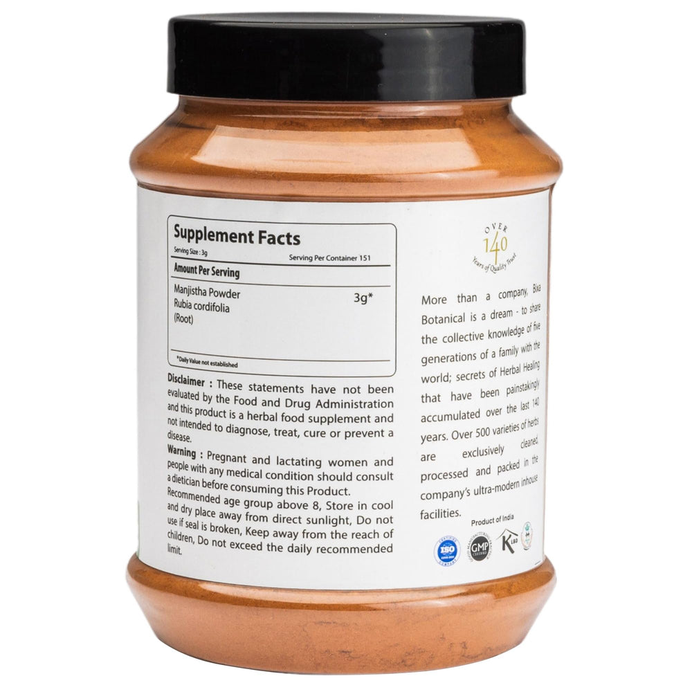Bixa Botanical Manjistha powder jar shows premium quality in glass.
