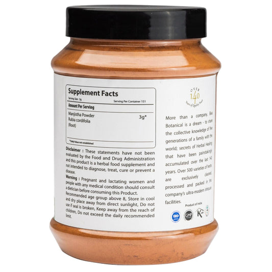 Bixa Botanical Manjistha powder jar shows premium quality in glass.