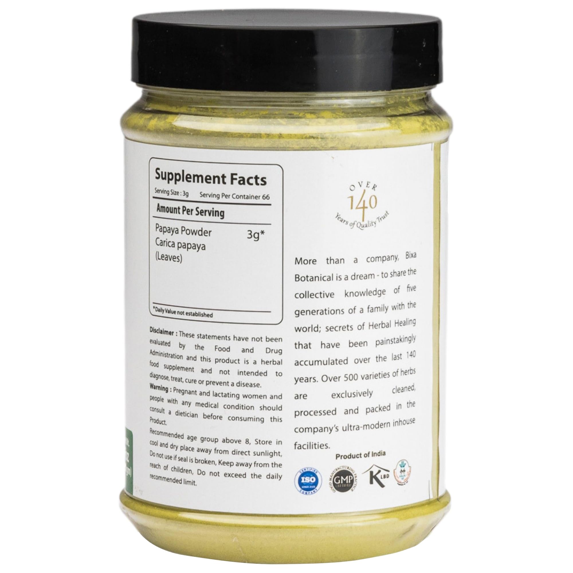 bixa BOTANICAL Papaya Leaf Powder scoop for simple dosage