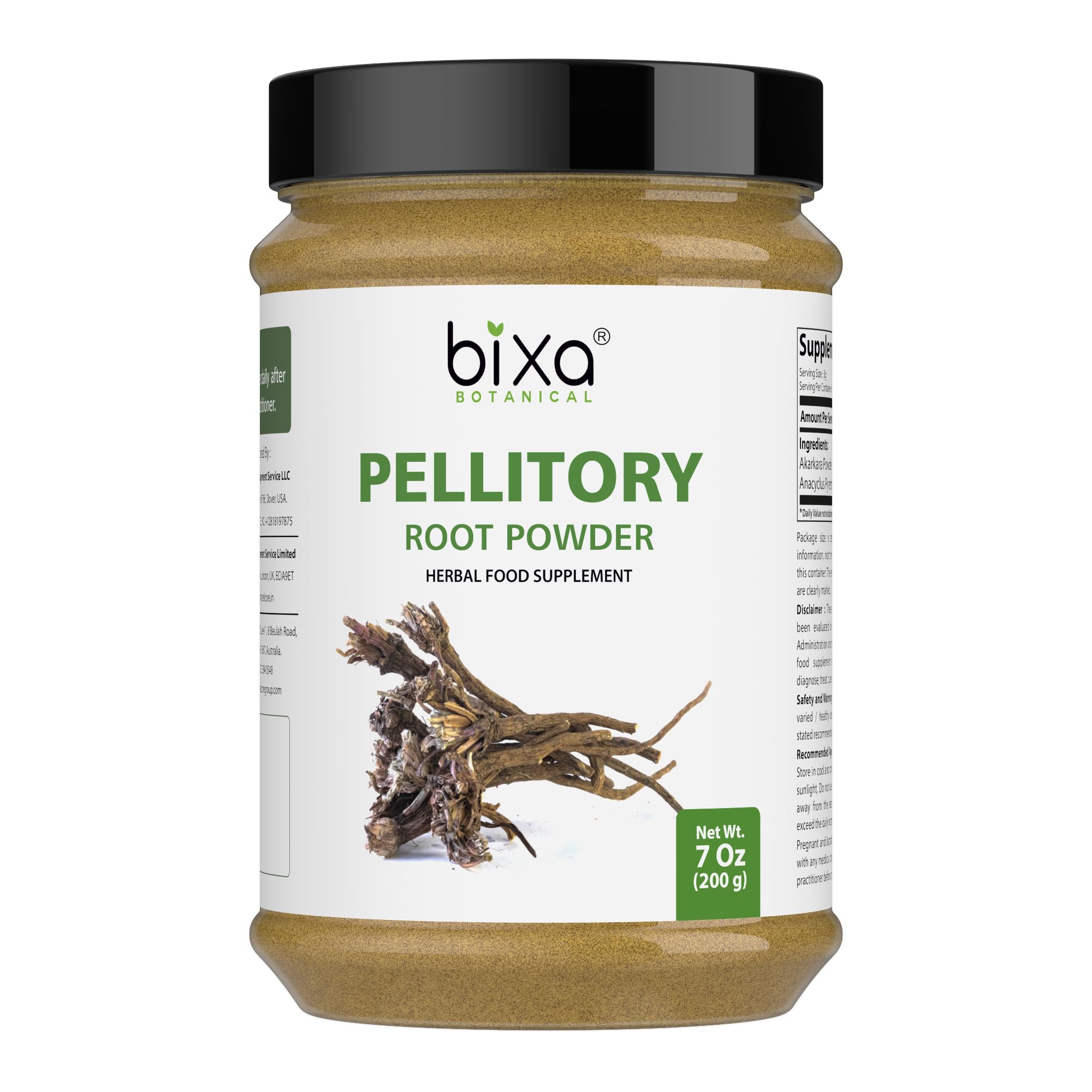 bixa BOTANICAL Pellitory Root Powder container shows pure herbal powder for daily use.
