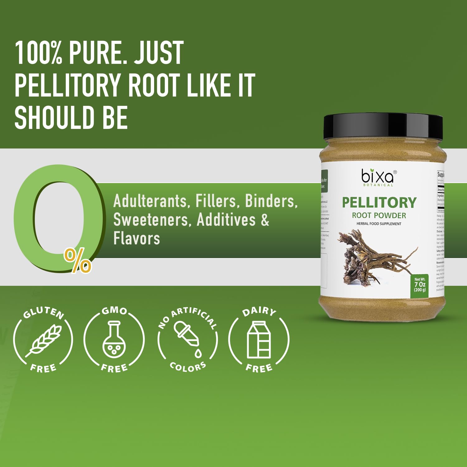 bixa BOTANICAL Pellitory Root Powder jar with label emphasizes purity and vegan sourcing.