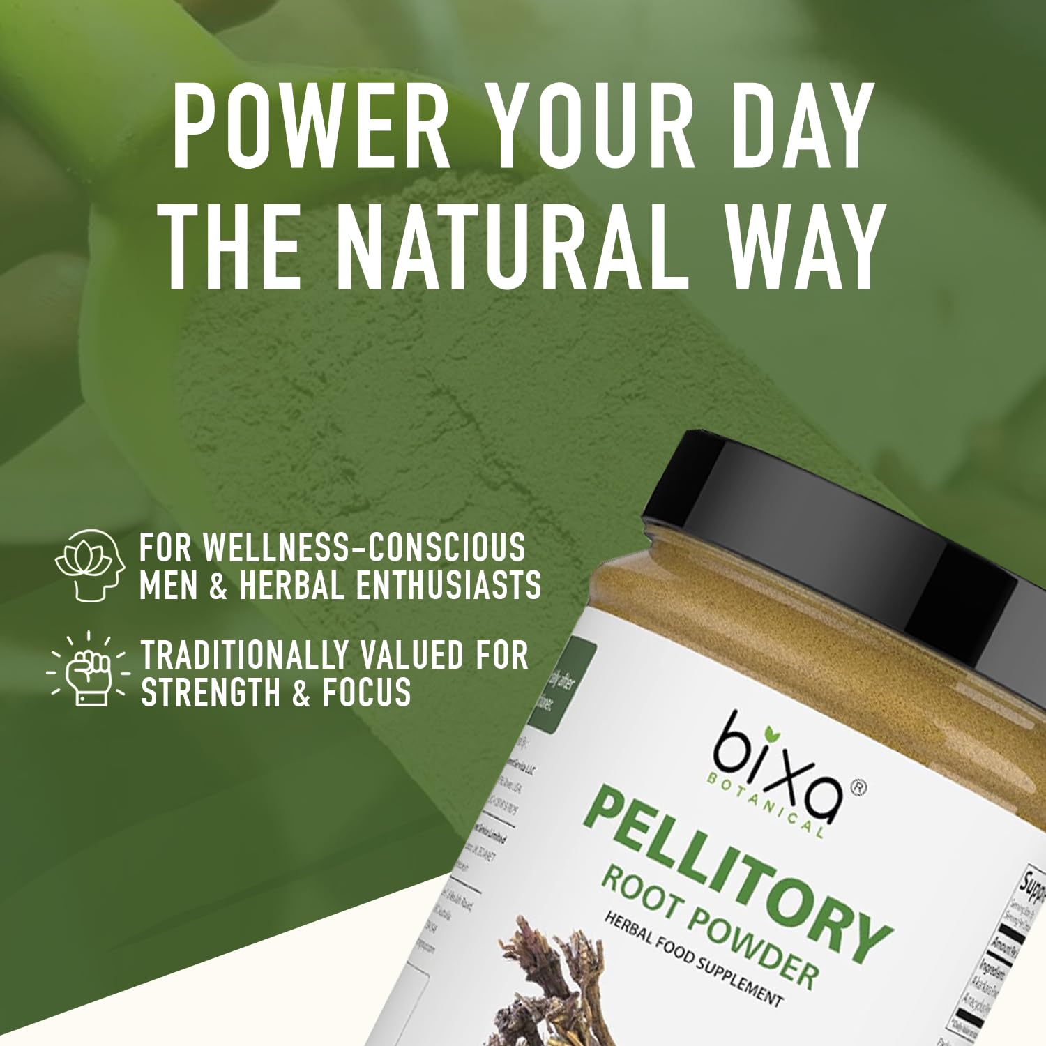 bixa BOTANICAL Pellitory Root Powder scoop scene highlights convenient dosing for daily blends.