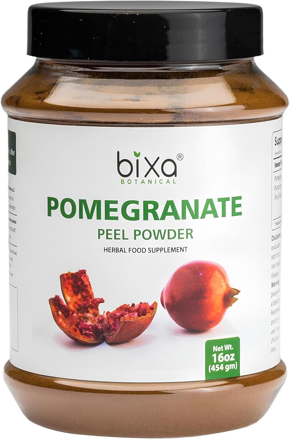 Bixa Botanical Pomegranate Peel Powder bottle showcasing premium vegan supplement for wellness