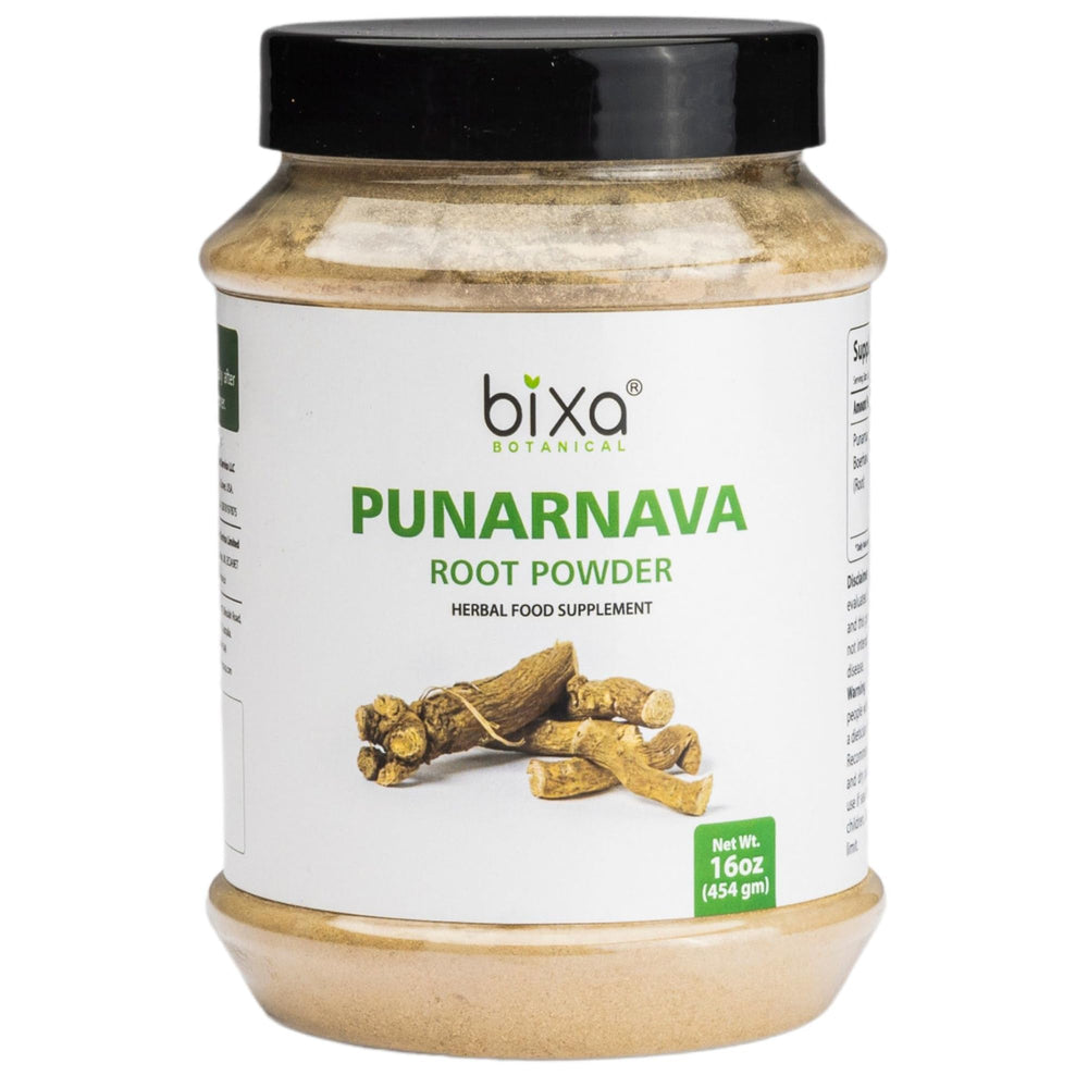 Bixa Botanical Punarnava powder jar closeup for daily infusion preparation.
