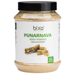 Bixa Botanical Punarnava powder jar closeup for daily infusion preparation.