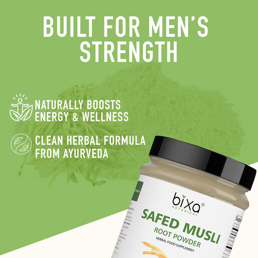 bixa BOTANICAL Safed Musli powder in a bowl ready for a smoothie.
