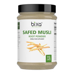 bixa BOTANICAL Safed Musli powder packaging highlights clean label and authenticity.