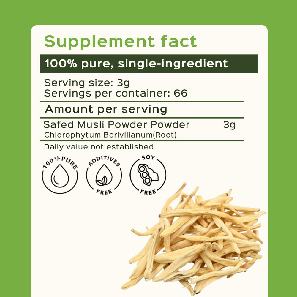bixa BOTANICAL Safed Musli steam-treated root closeup emphasizes processing method.