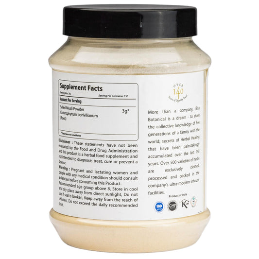 Bixa Botanical Safed Musli powder texture close-up for smooth mixing.