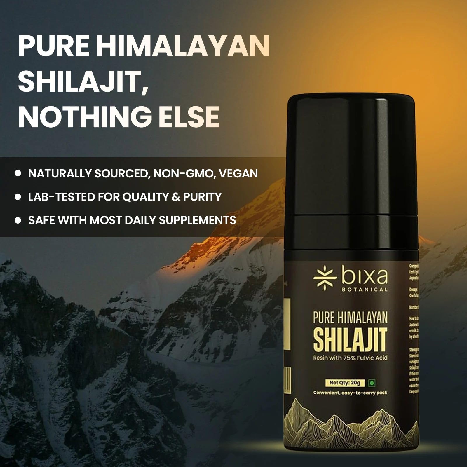 bixa BOTANICAL Shilajit vegan lab-tested label conveys trusted quality