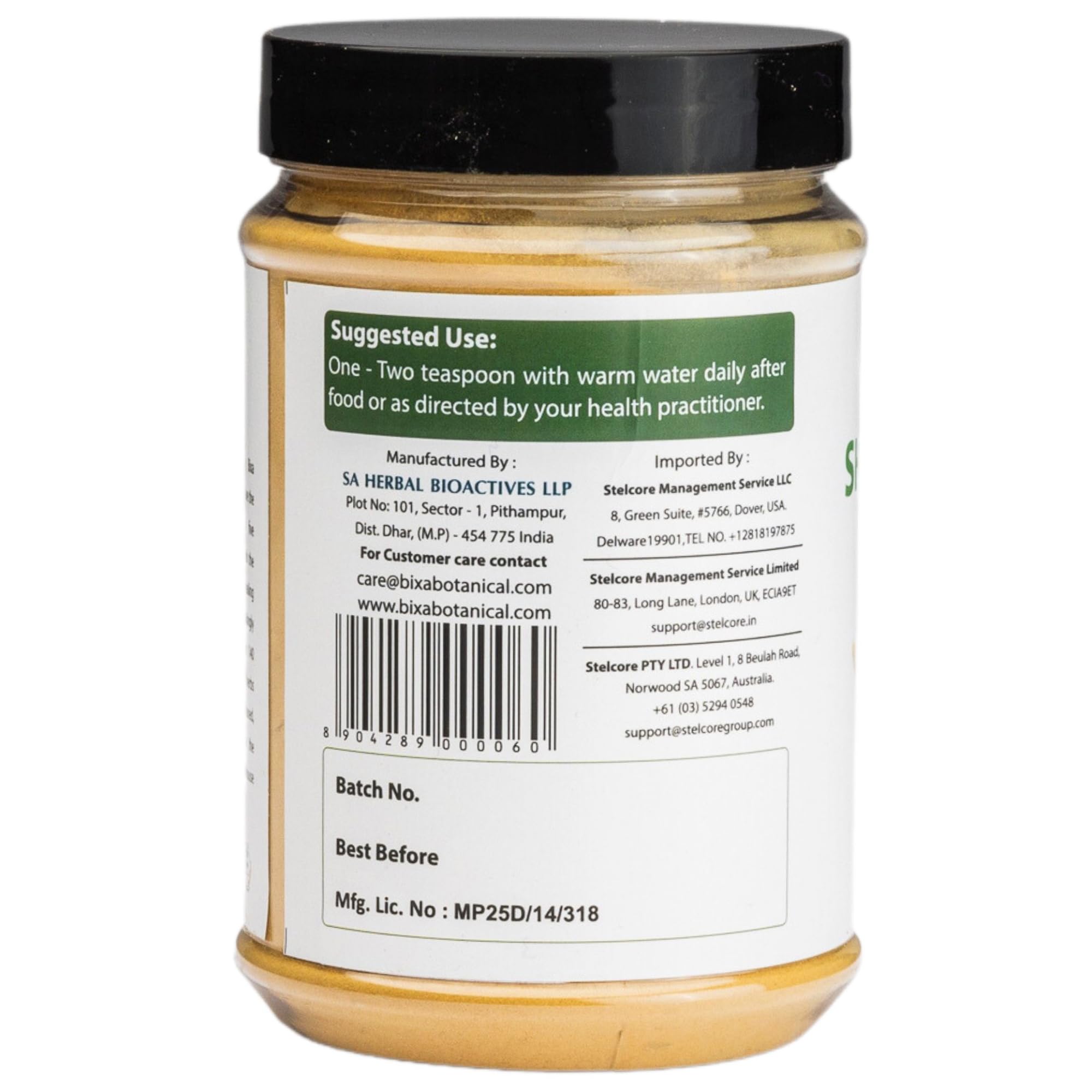 Bixa Botanical steam-treated Shatavari powder emphasizes purity.