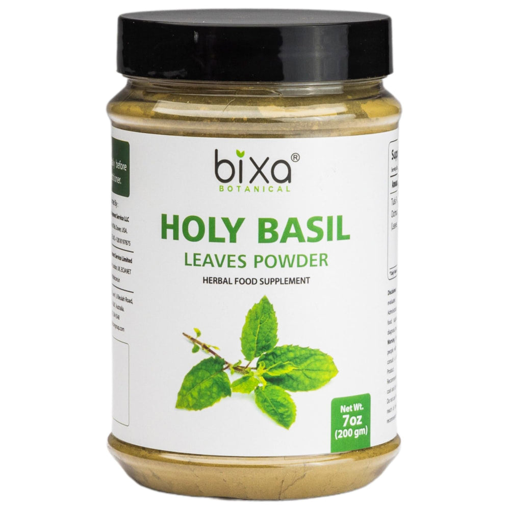 Bixa Botanical Tulsi leaves powder bottle shows convenient 7 oz packaging for daily use