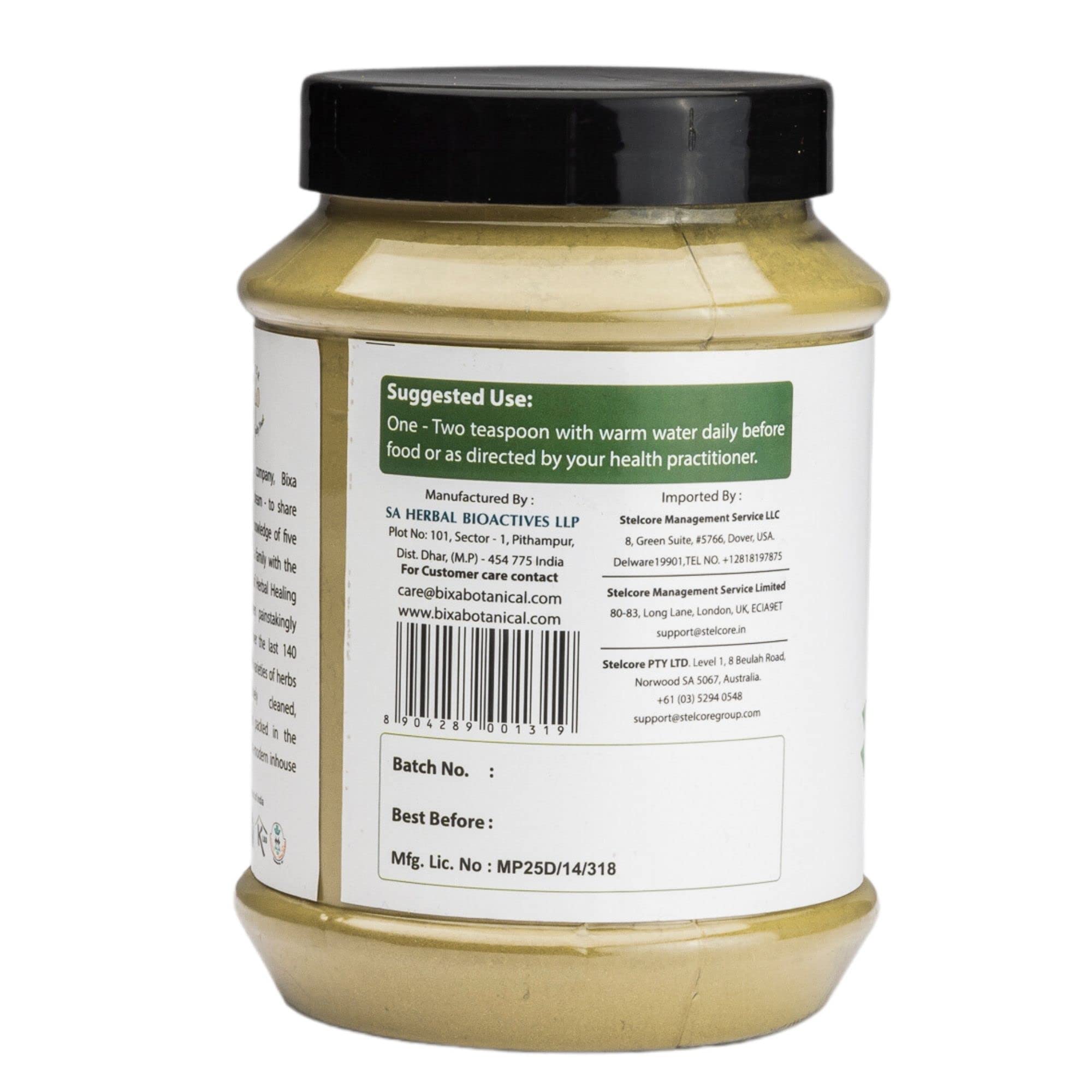 Bixa Botanical Vasaka leaf powder with scoop highlights easy portion control for recipes.