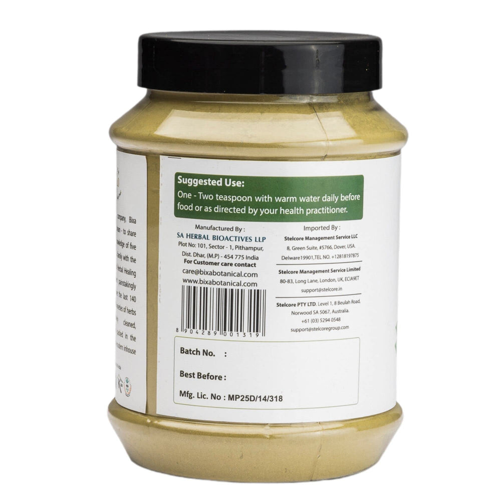 Bixa Botanical Vasaka leaf powder with scoop highlights easy portion control for recipes.