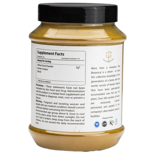 bixa BOTANICAL Yellow Dock Powder jar closeup shows fine root powder and earthy aroma.