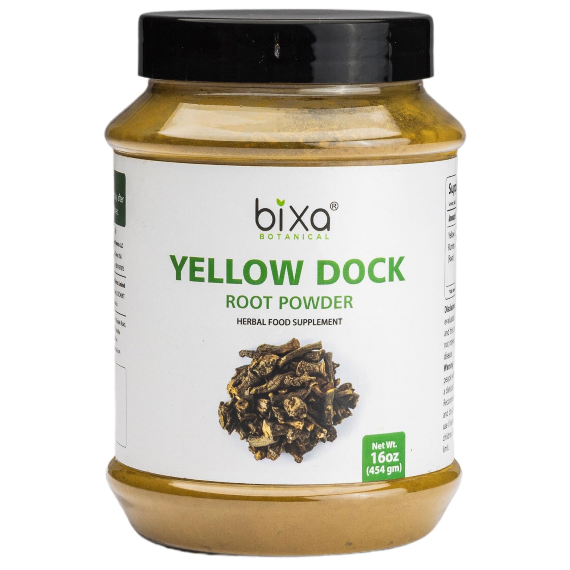 bixa BOTANICAL Yellow Dock Powder packaging highlights a pure herbal supplement for daily skin care.