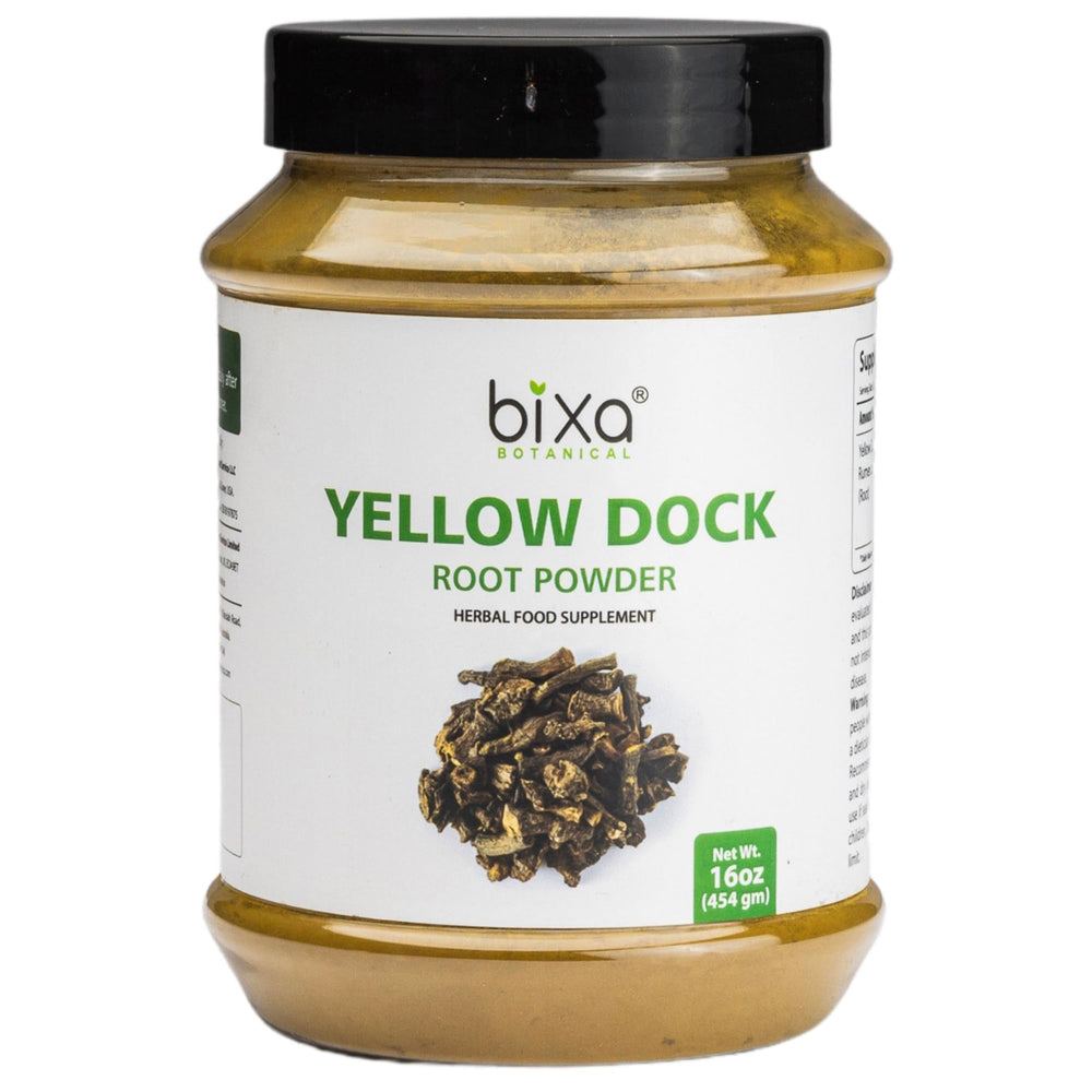 bixa BOTANICAL Yellow Dock Powder packaging highlights a pure herbal supplement for daily skin care.